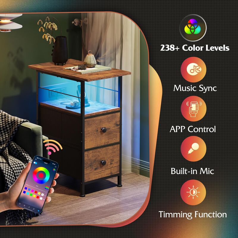 WLIVE Narrow Side Table with Charging Station, End Table with LED Lights,2 Fabric Drawers and Open Shelf, Bed Side Tables Living