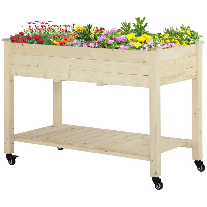 Outsunny Raised Garden Bed, 47" x 22" x 33", Elevated Wooden Planter Box w/ Lockable Wheels, Storage Shelf, and Bed Liner for Backyard, Patio, Natural