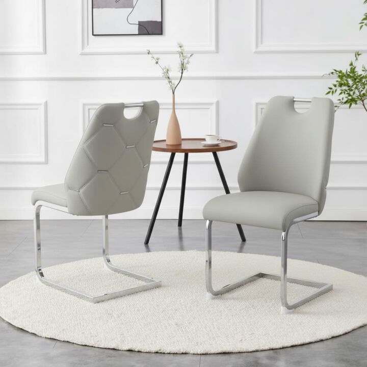 Set of 2 PU Leather Dining Chairs, High Back Upholstered Dining Chair with Ring Pull Handle, Modern Rectangular Back Dining Chair