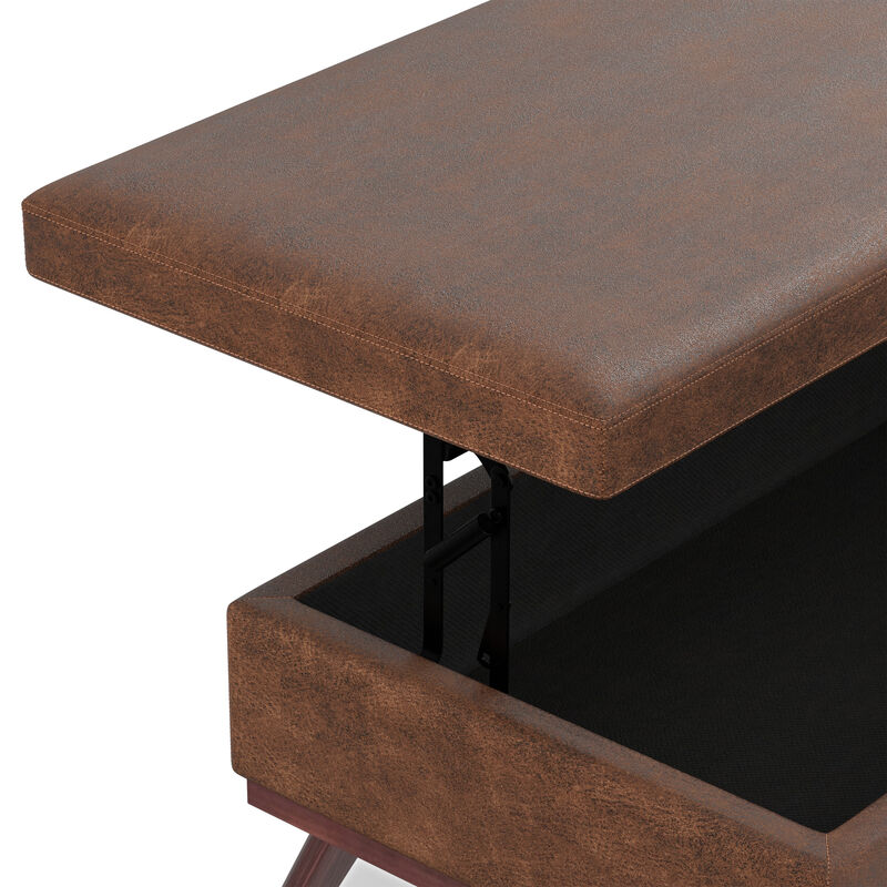 Owen 42 inch Wide Mid Century Modern Rectangle Lift Top Large Coffee Table Storage Ottoman in Distressed Chestnut Brown Vegan Faux Leather, Assembled image number 5