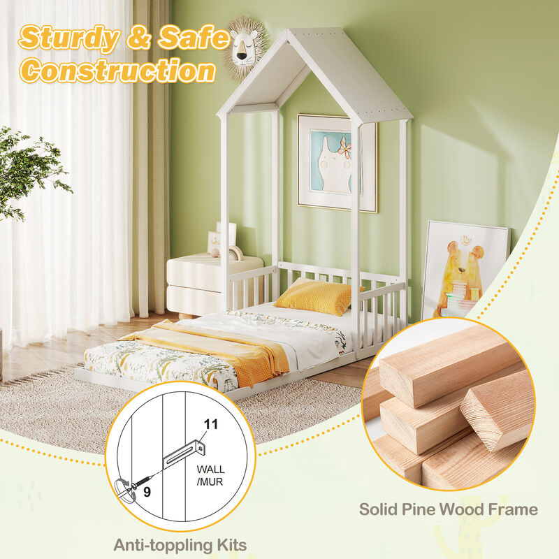 Twin Floor Bed with House Roof and Semi-Fence for Kids Bedroom image number 7