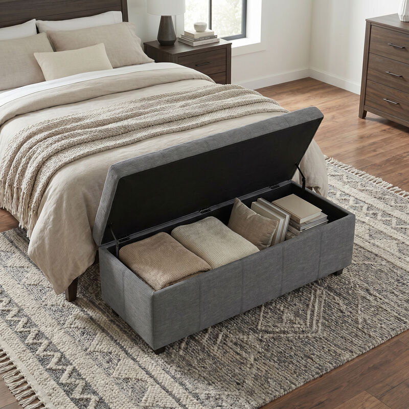 Avalon 48 inch Wide Contemporary Rectangle Storage Ottoman Bench in Slate Grey Linen Look Fabric, Assembled image number 2