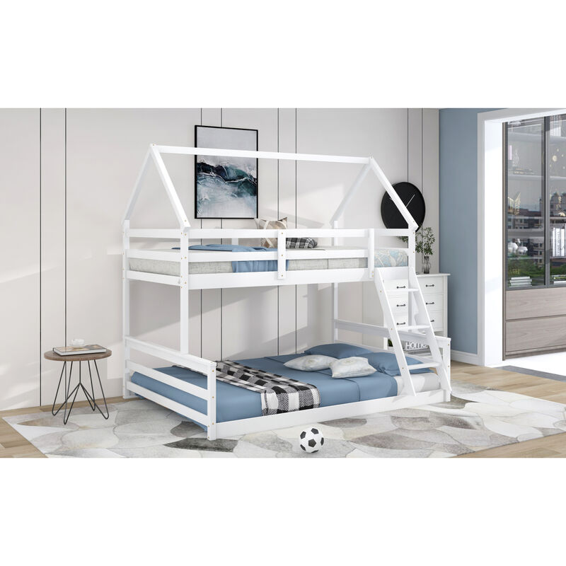 Twin Over Full House Bunk Bed with Built-in Ladder