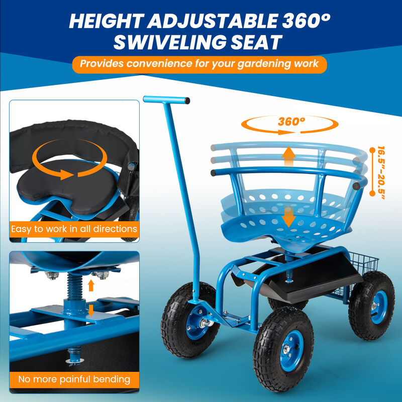 Portable Garden Seat Cart with Wheels, Swivel Function, and Tool Storage