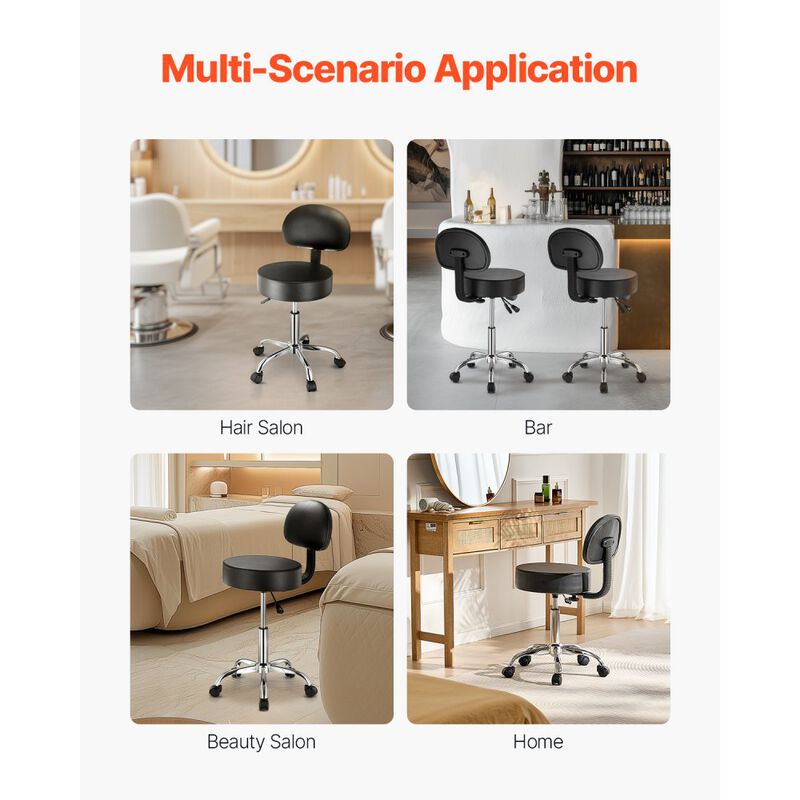 Round Rolling Stool with Wheels and Back Support, Adjustable Salon Chair for Massage & Tattoo-Black image number 7