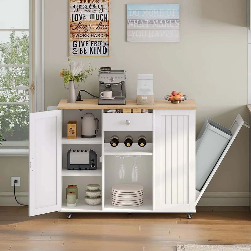Portable Kitchen Island with Charging Station and Built-In Trash Cabinet-White image number 3