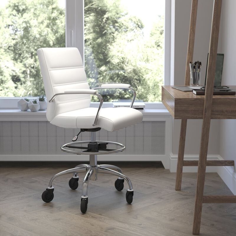 Flash Furniture Mid-Back White Drafting Chair with Adjustable Foot Ring, Chrome Base, image number 3