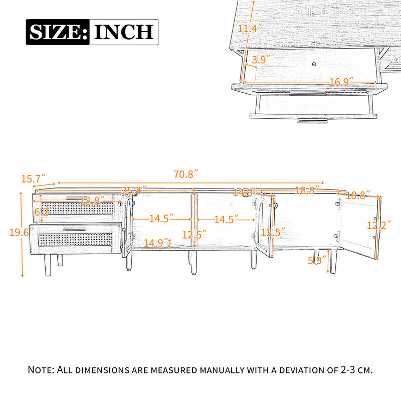 TATEUS Rattan TV Stand with 3 Cabinets & 2 Drawers, Rattan-inspired Media Console Table for TVs up to 80''