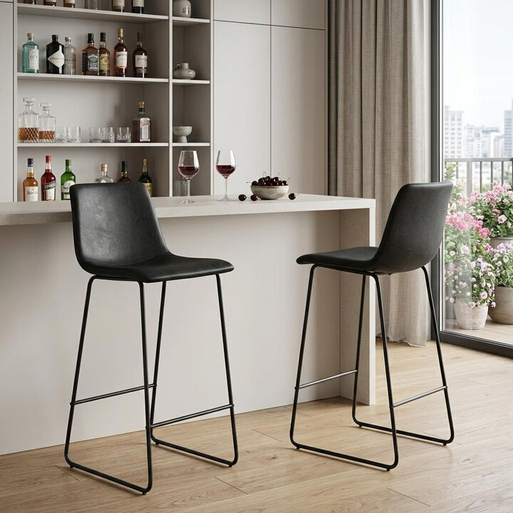 HomeRoots Set of Two 29" Black Faux Leather and Aluminum Bar Height Bar Chairs