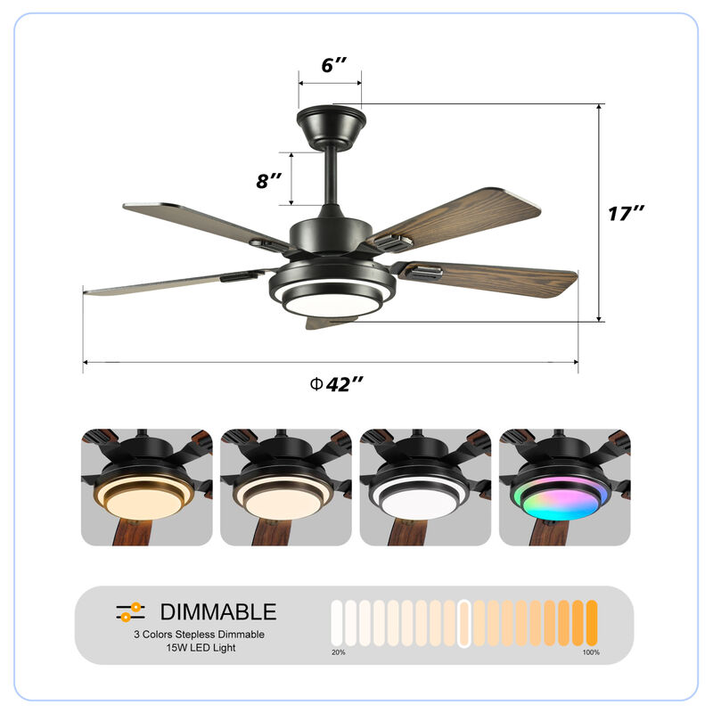 ELEMENT ACE 42 Inch Plywood Blade Ceiling Fan with Dimmable LED Light, Quiet DC Motor 6 Adjustable Speed Levels, Reversible Function for Living Room Bedroom Office Patio Indoor Use image number 2