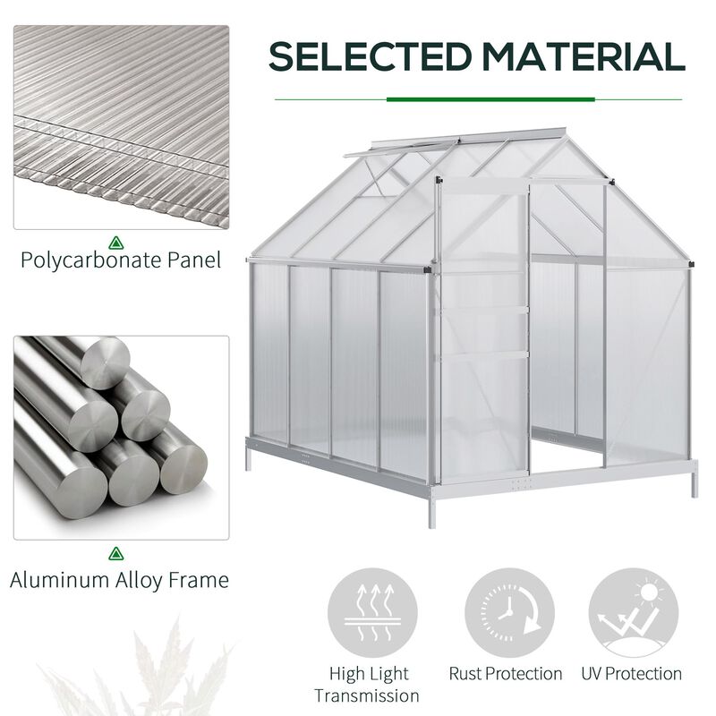 Outsunny 6' x 6' x 6.5' Polycarbonate Greenhouse with Aluminum Frame, Walk-in Heavy Duty Greenhouse with Adjustable Roof Vent, Rain Gutter and Sliding Door for Winter, Silver