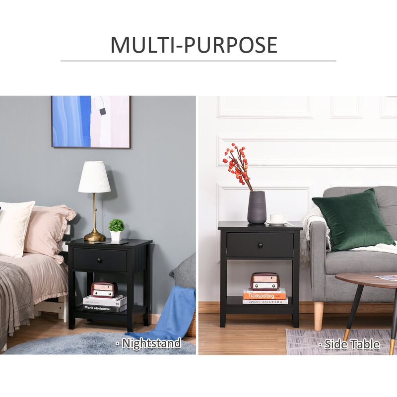 Black Nightstand: Compact Bedside Table with Drawer and Shelf