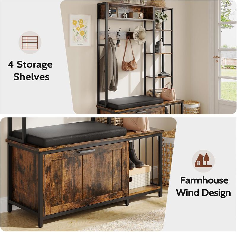 Hall Tree with Bench and Shoe Storage, 39.4" Entryway Bench with Coat Rack freestanding, Wall Rack 4 Hooks and Shelves, 39.37" x 15.74&ldquo; x 69.69" image number 5