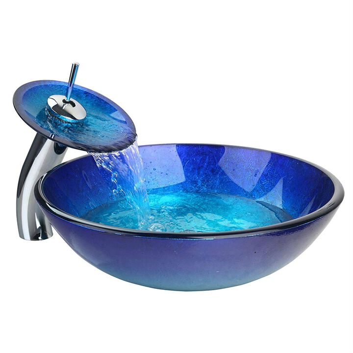 Hivvago Modern Blue Glass Bathroom Vessel Sink and Faucet with Chrome Drain