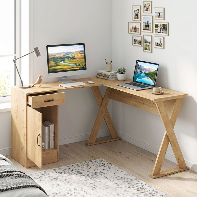 Reversible L Shaped Computer Desk with Drawer and Cabinet for Bedroom image number 4