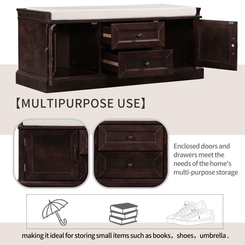 Storage Bench with 2 Drawers and 2 Cabinets, Shoe Bench with Removable Cushion for Living Room, Entryway (Espresso)