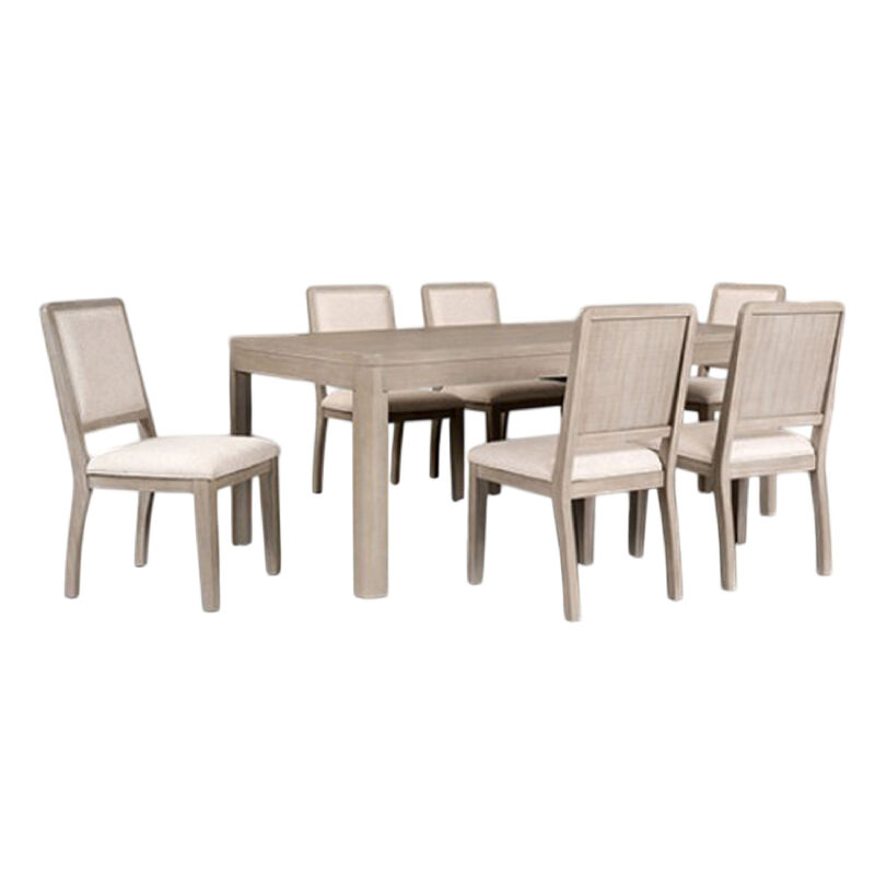 Giva 7pc Dining Table Set, 6 Polyester Chairs, Natural Brown Wood - Benzara