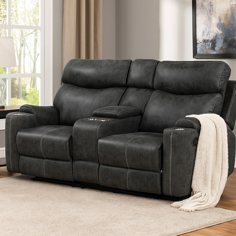 Hori Manual Recliner Loveseat, 75 Inch Gray Microfiber, Cupholders