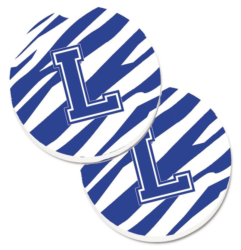 Caroline's Treasures Monogram Initial L Tiger Stripe Blue & White Set of 2 Cup Holder Car Coasters CJ1034-LCARC, 2.56, Multicolor