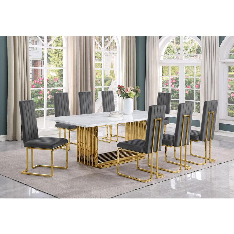 9pc Large(79") marble top dining set with gold base and 8 Dark grey side chairs