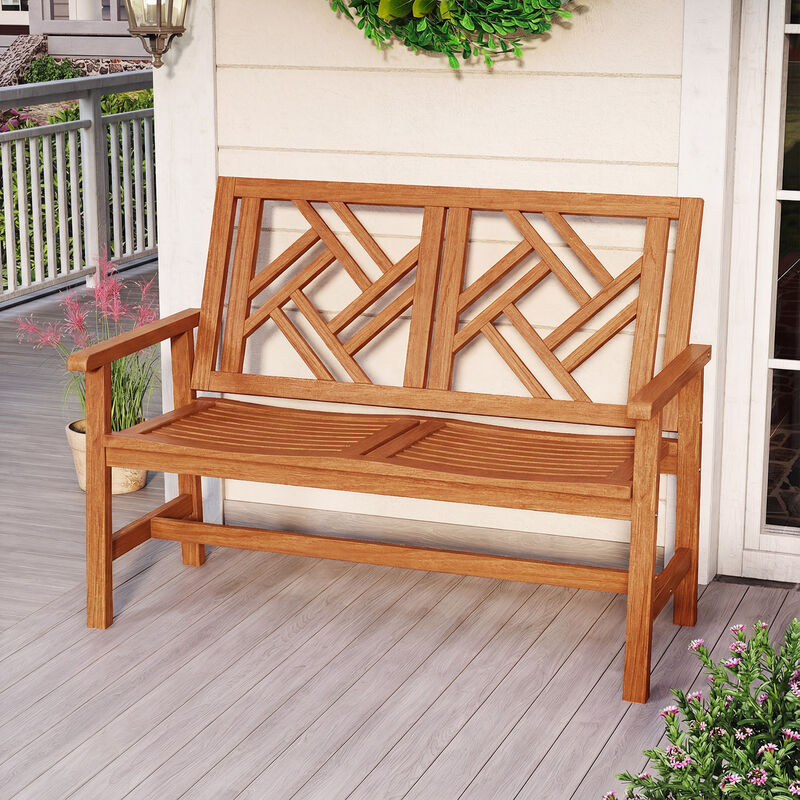 2-Person Outdoor Wood Bench with Geometric Backrest for Patio image number 7