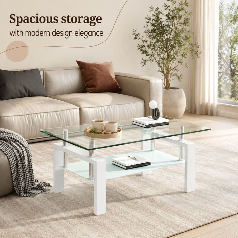 GOODSILO Modern 2-Layer Glass Coffee Table with Sleek Waterfall Edges, Space-Saving Accent Furniture for Living Room, Office & Reception Areas image number 4