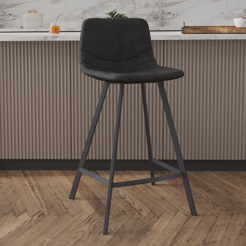Elland Modern Upholstered Leather Bar Stool With Black Iron Legs & Footrest