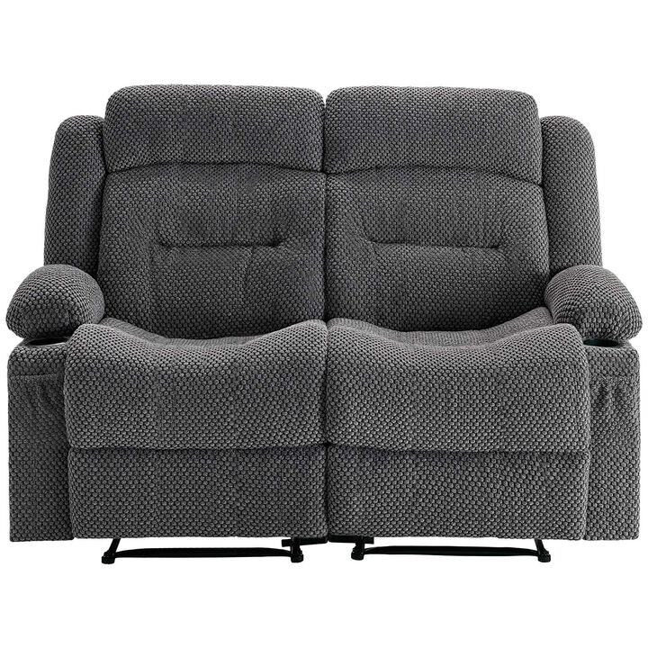 Reclining Loveseat Sofa with Heat Massage, USB Ports, Side Pockets and Cup Holders-Grey