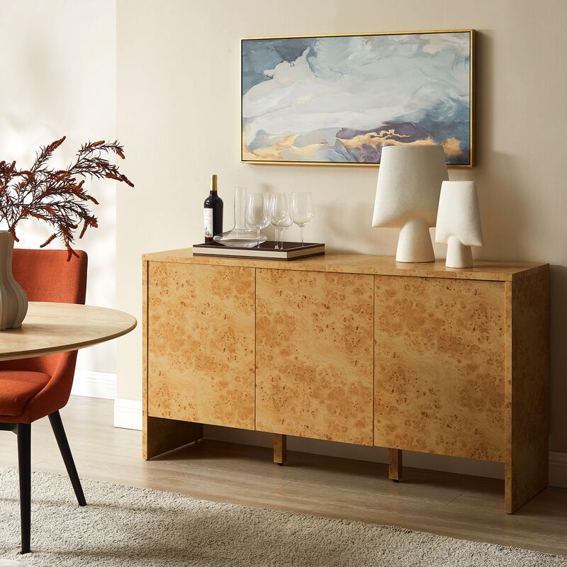 Modway Hudson Burl Wood Sideboard with 3 Doors in Natural - Modern Buffet Cabinet - Versatile High TV Stand Media Cabinet - 60 Inch Storage Sideboard for Living Room with Doors and Shelves image number 5