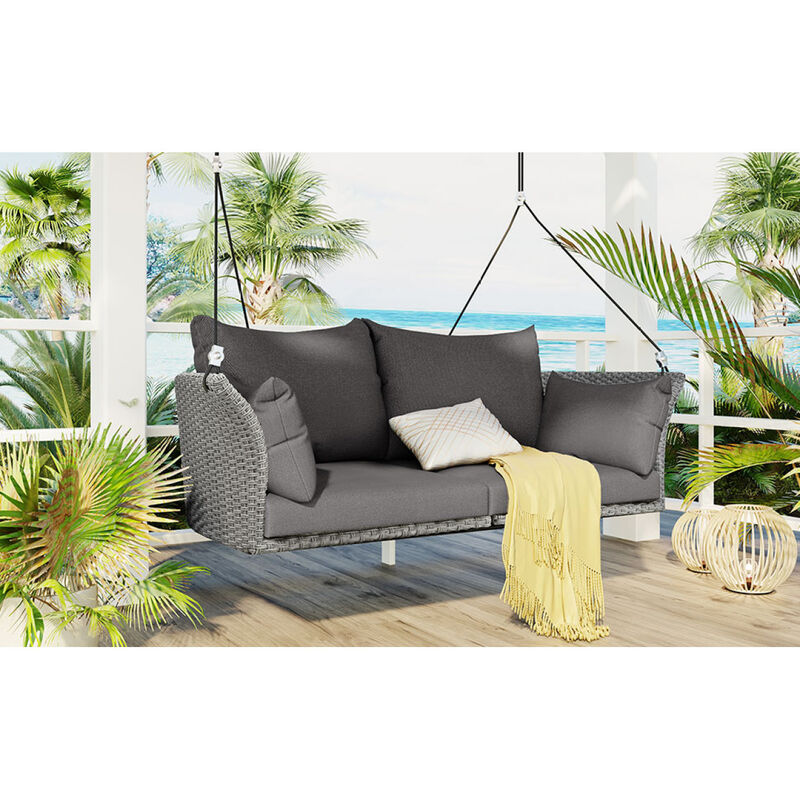 51.9" 2-Person Hanging Seat, Rattan Woven Swing Chair, Porch Swing With Ropes, Gray Wicker And Cushion image number 2
