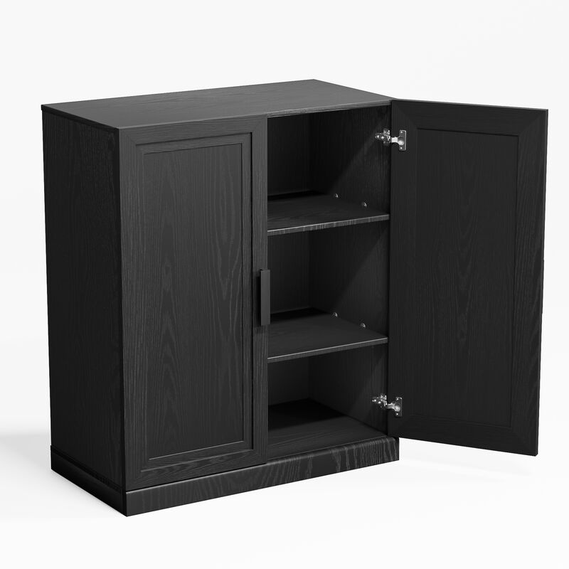 Black Wood Grain Buffet Cabinet, Storage Organizer with Adjustable Shelves and Rattan Doors image number 7