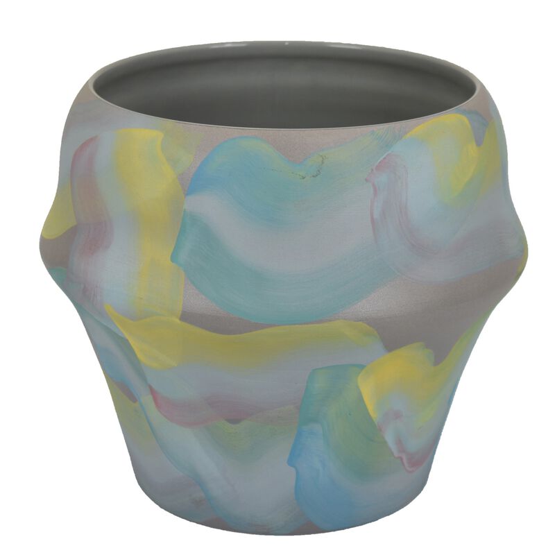 Accent Flower Vase, Brushstroke Pattern Blue Yellow Ceramic, 10 Inch - Benzara