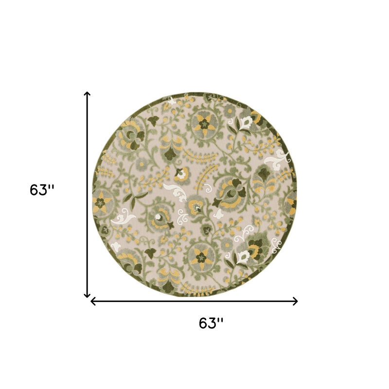 HomeRoots 5' Ivory Green Dark Green And Yellow Round Floral Indoor Outdoor Area Rug image number 6