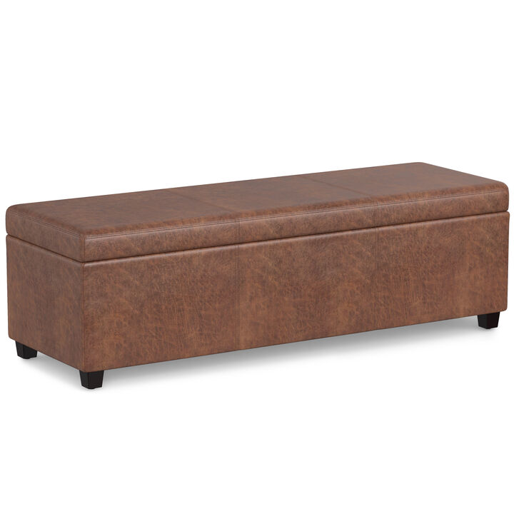Avalon 54 inch Wide Contemporary Rectangle Extra Large Storage Ottoman Bench in Distressed Saddle Brown Vegan Faux Leather, Assembled