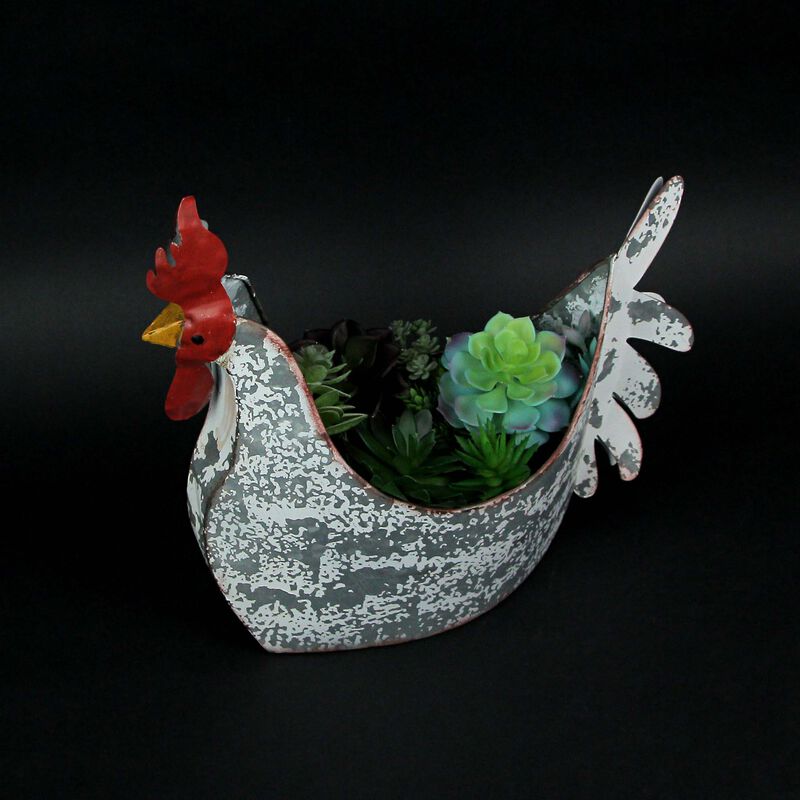 Weathered White Galvanized Metal Rooster Planter - Farmhouse Garden Decor image number 3