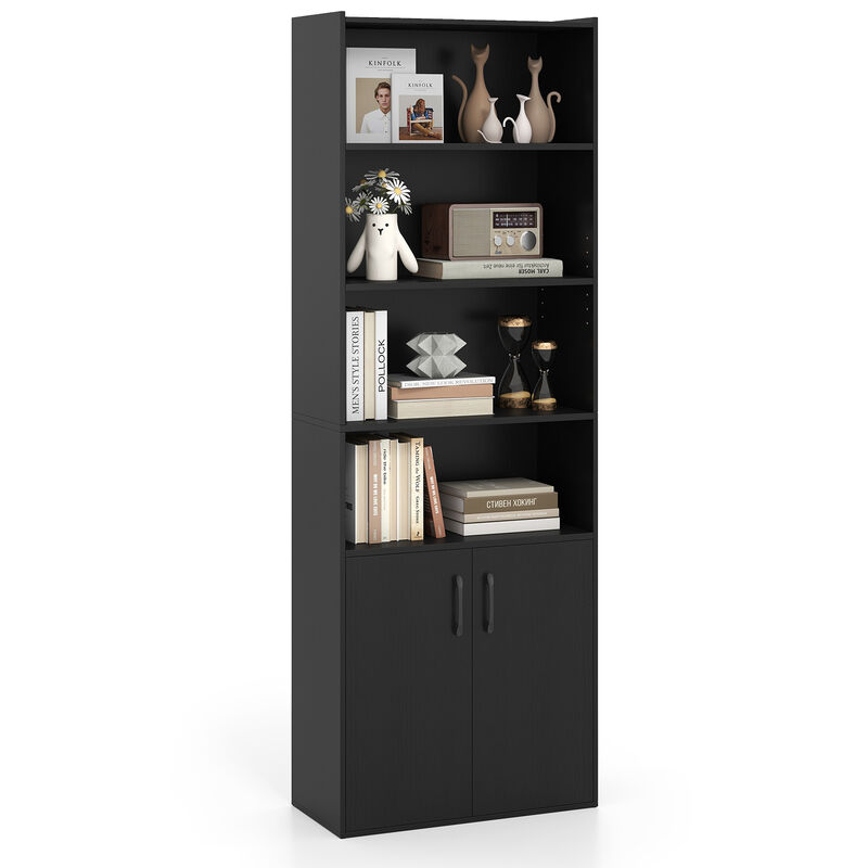 6-Tier Bookcase with Adjustable Shelves and 2-Door Cabinet for Home or Office