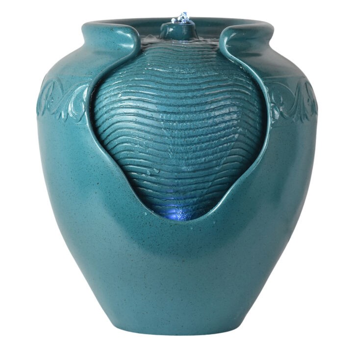 Teamson Home Outdoor Glazed Pot Floor Fountain with LED Lights, Teal