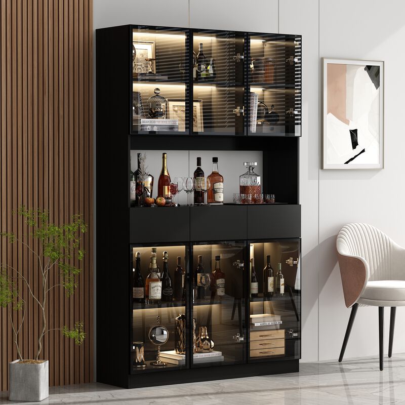 Black Wood 47.2 in. W Buffet Food Pantry W/Hutch, Glass Doors, Adjustable Shelves, LED Lights (14.2 in. D x 78.7 in. H)