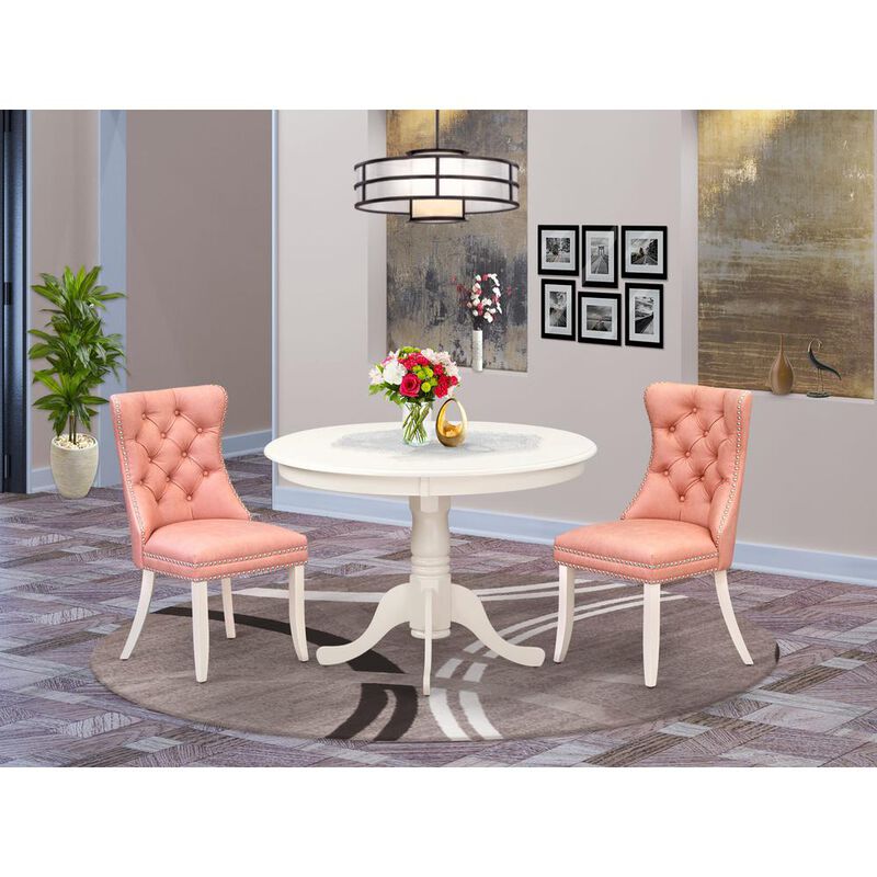 East West Furniture 3 Piece Dining Table Set Consists of a Round Dining Table with Pedestal