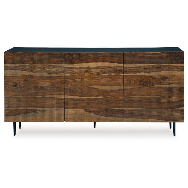 Sideboard Cabinet Console, 3 Grooved Brown Sheesham Wood 64 Inch - Benzara