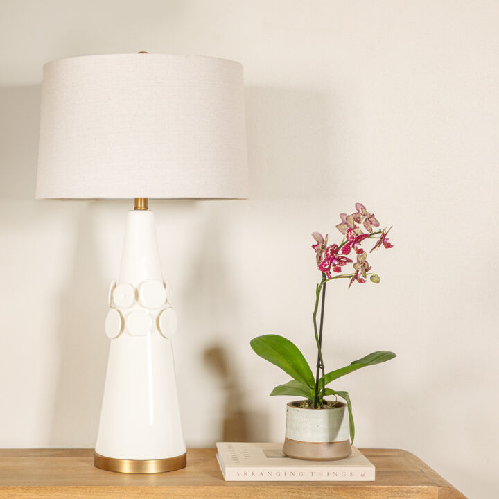 Stoneware Conical Table Lamp with Cream Crackle Glaze and Natural Linen Shade