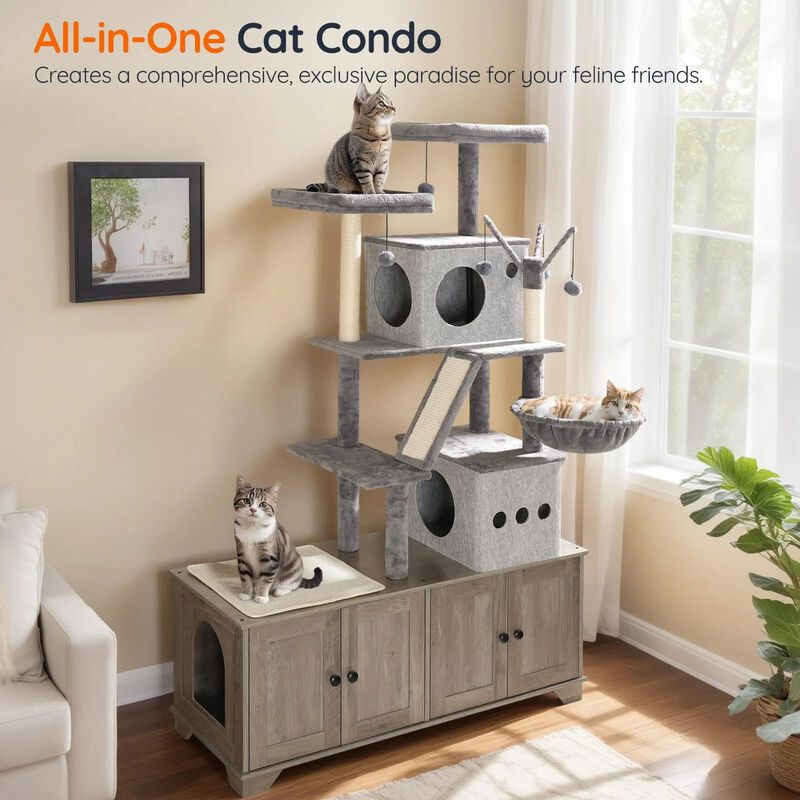 Double Cat Litter Box Hideaway with Integrated Cat Tree, Bed, and Hammock- Greige image number 4