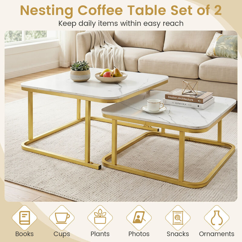 Modern Nesting Coffee Table Set with Faux Marble Surface and Metal Frame image number 4
