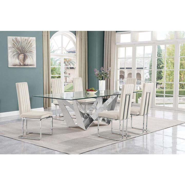 7pc Large(94") glass top dining set with silver base and 6 Cream side chairs