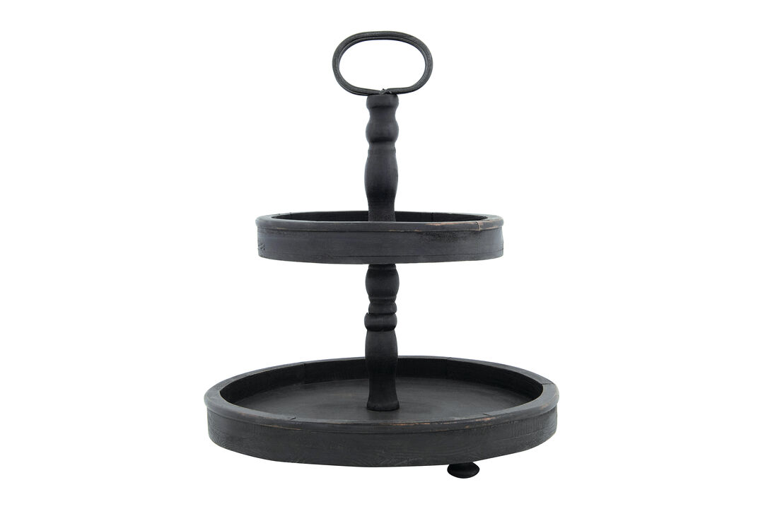 Distressed Blackwashed Wood 2-Tier Tray with Metal Handle