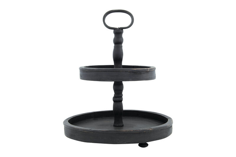 Distressed Blackwashed Wood 2-Tier Tray with Metal Handle image number 0