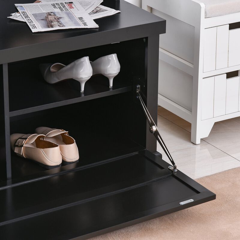 Hall Coat and Shoe Storage Hall Cabinet with Top and Bottom Storage  Metal Double Hooks and Bench  Black image number 6