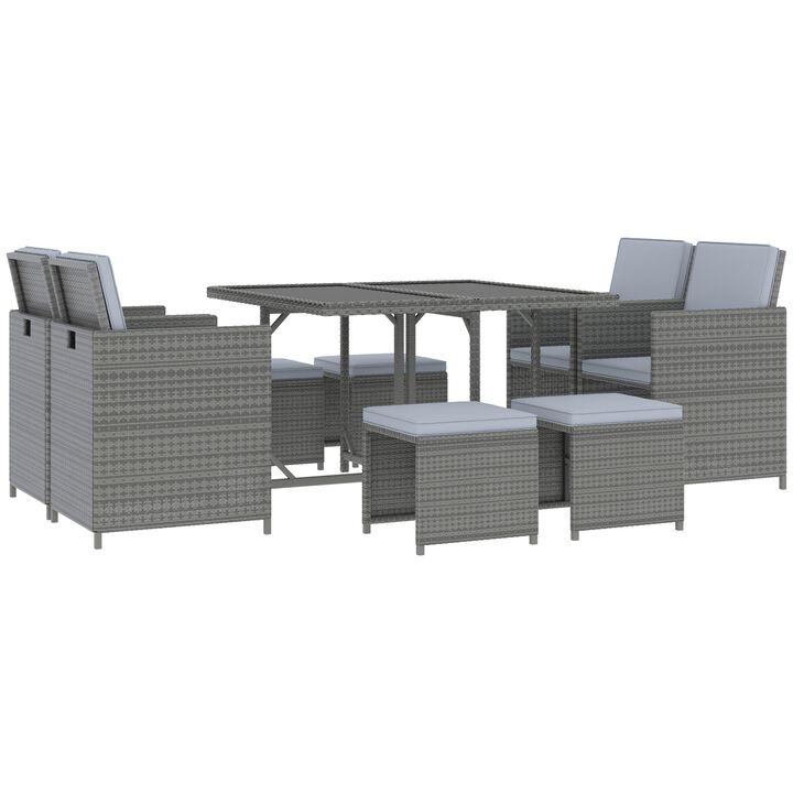 Outdoor Rattan Wicker Dining Table Chairs Furniture Set 9 Piece Space Saving Wicker Chairs Cushions Grey
