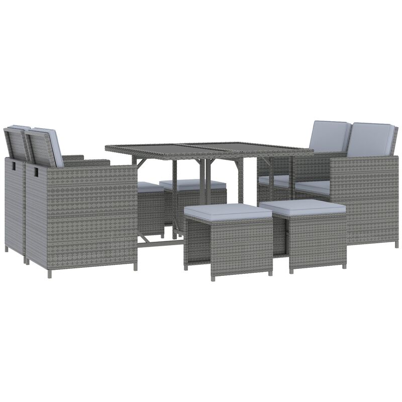 9 Piece Outdoor Rattan Wicker Dining Table and Chairs Furniture Set Space Saving Wicker Chairs w/ Cushions Grey