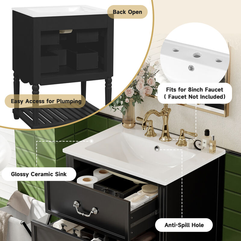 ELEMENT ACE 24 Inch Bathroom Vanity with Ceramic Sink, Bathroom Storage Cabinet with Two Soft-Close Drawers and Open Shelf, Vintage Elegant Wave Design for Bathroom Use image number 8